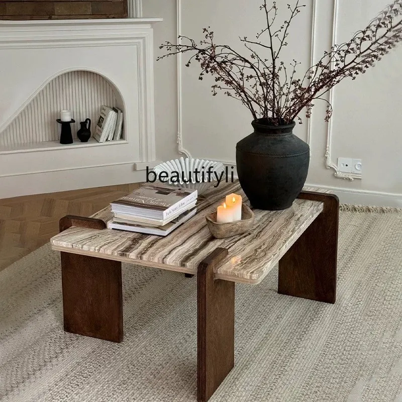 

French retro marble coffee table cream style living room household natural tea table wabi-sabi