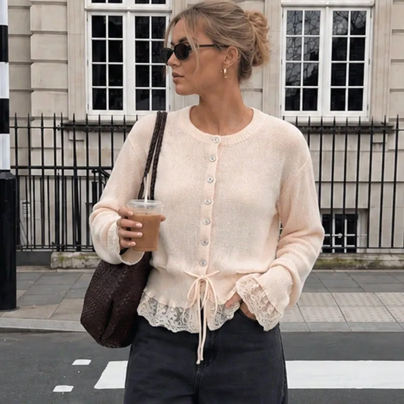 Tuularose Vintage Women Lace Spliced Knit Cardigan Drawstring Waist Cinch Design Button‑front Soft Knitwear Casual Office Blouse