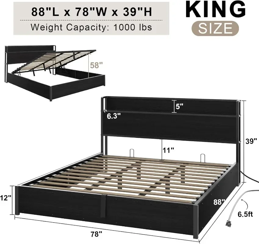 AMERLIFE King Size Lift Up Storage Bed Frame, Wooden Platform Bed Frame with Lifting Storage & Charging Station, No Spring Box