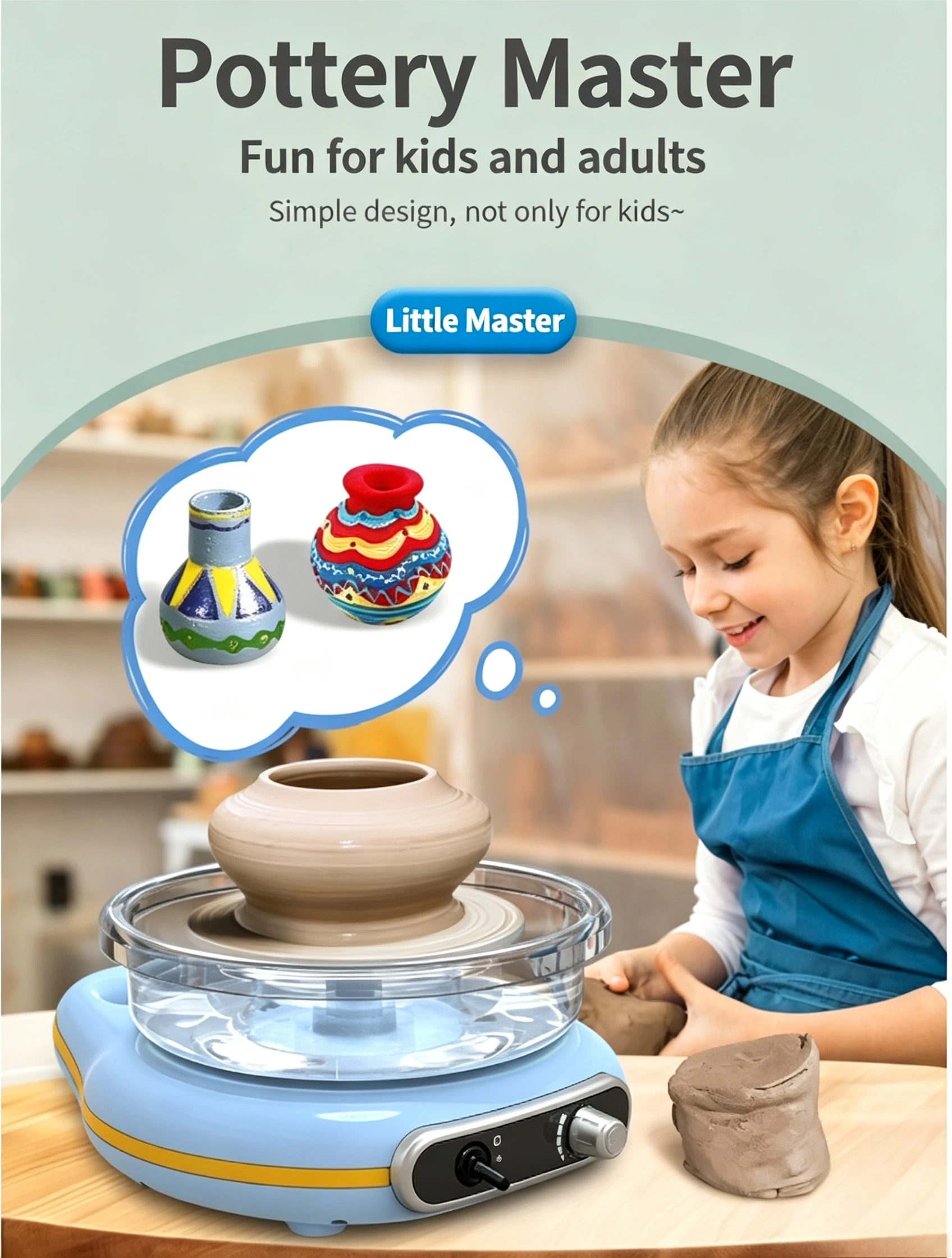 Mini Electric Pottery Wheel Kit for Kids & Adults, 4.7in Turntable Clay Art Machine with Speed Control, Detachable Design