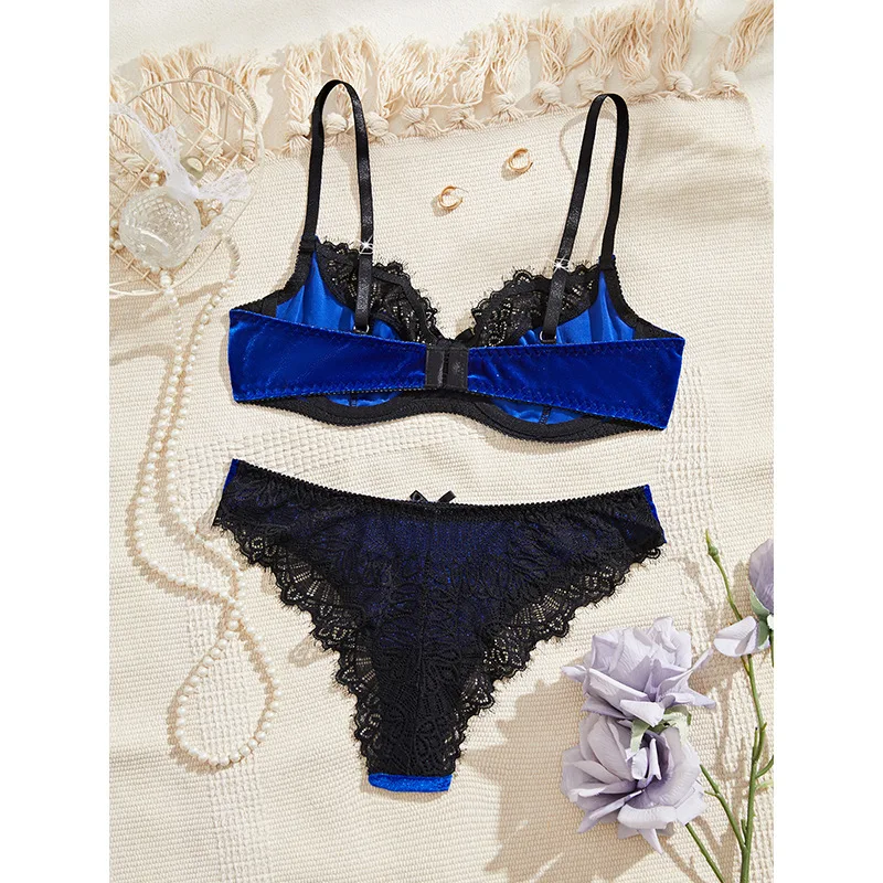Autumn Sexy Female Lingerie Luxury Velvet Bra Set Lace Splicing Underwear 3-point Erotic Lingerie Comfortable Intimate Underwear
