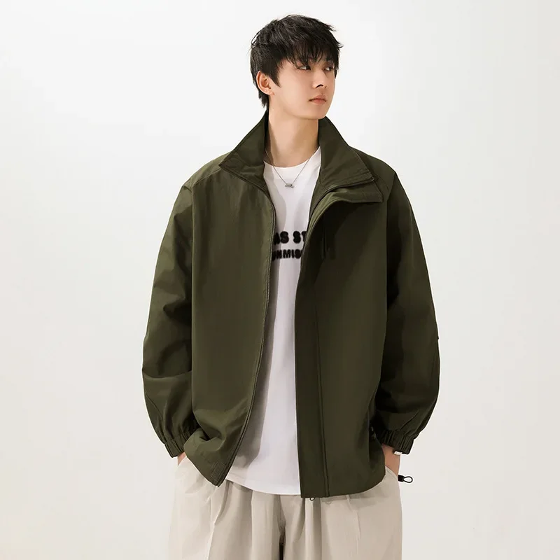 American Vintage Spring New Fashion Men's Casual Trendy Simple Basic Loose Stand Collar Long Sleeve Zipper Outdoor Coats Male