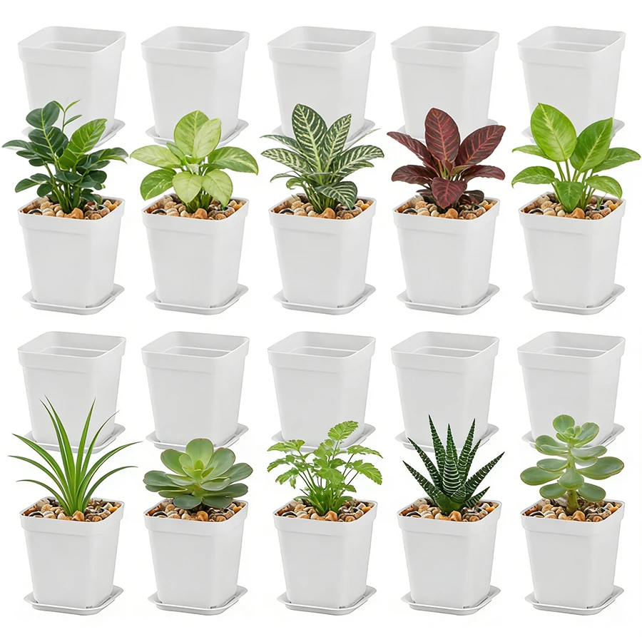 10 pots de plantes carrés en plastique blanc de 7 cm avec plateaux de drainage - Idéal pour les plantes succulentes, le jardinage sur bureau et la décoration de balcon
