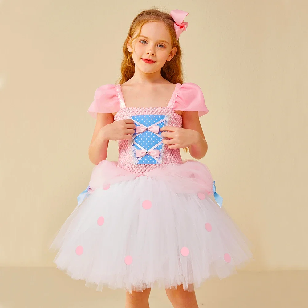 Toy Bo Peep Costume for Girls Birthday Party Dresses Pink Shepherdess Tutu Princess Dress Halloween Costume for Kids Clothes