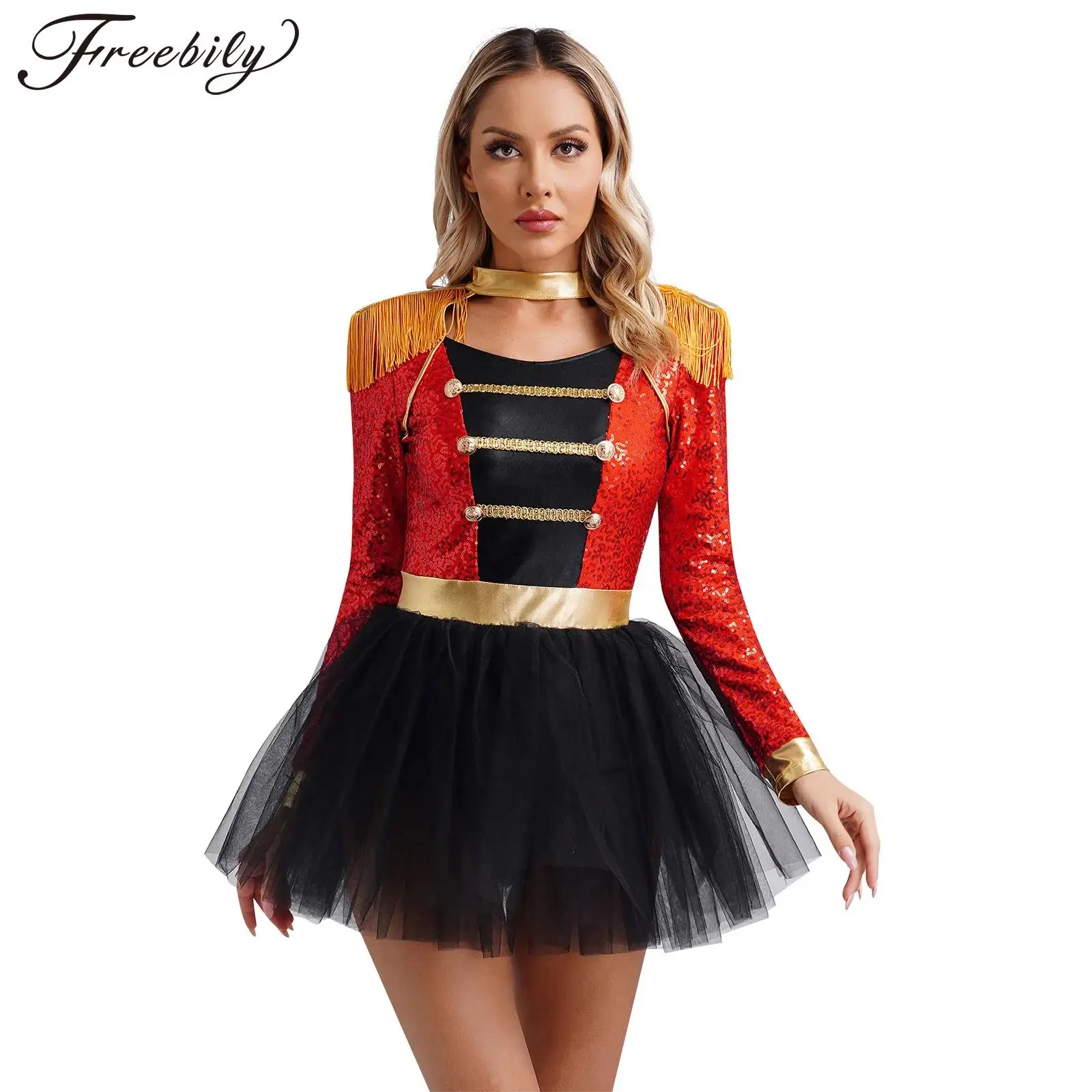 Vrouwen pailletten circus circusdirecteur cosplay kostuum omzoomd schouder tutu tule turnpakje jurk halloween fancy dress up kostuum