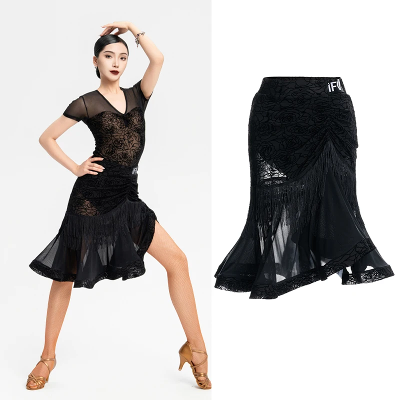 

Взрослые латинские танцы для женщин, большие качели, кружевная юбка с кисточками, чача, румба, танго, женская одежда для соревнований по латинским танцам DN22324