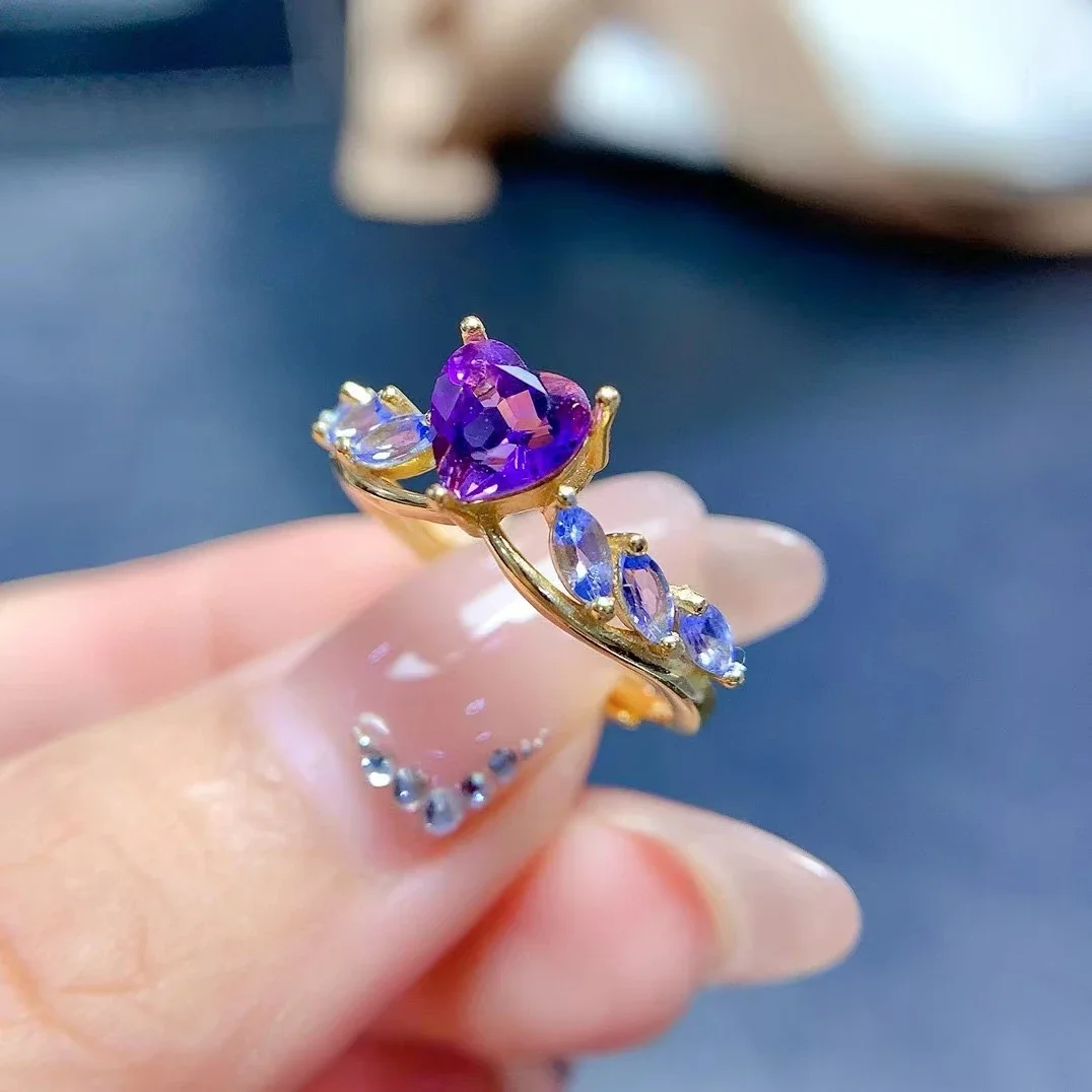 Natural Amethyst Ring with 2mm*4mm Natural Tanznaite Side Gemstone Romantic Heart Crystal 925 Silver Ring 18K Gold Plated 6mm