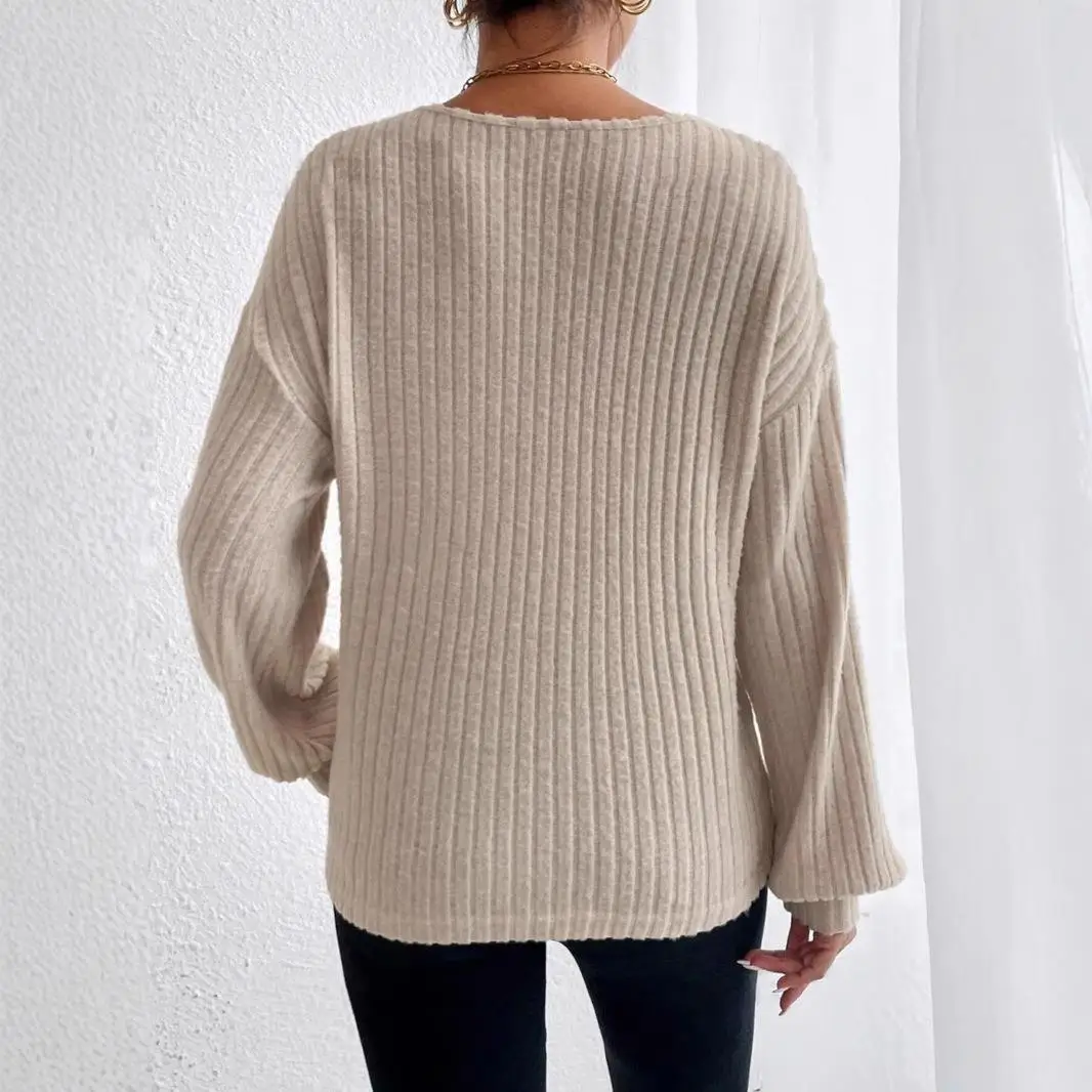 Women's Casual Long Sleeve T-shirt Shoulder Drop Large Groove Collar Fashionable Splice Pattern Pure Color for Ladies
