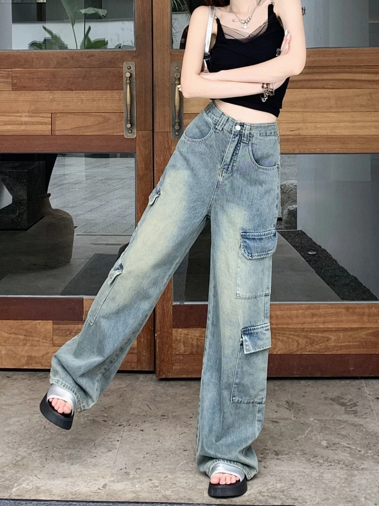 Retro American Multi Pocket Work Pants Women Sweet and Edgy Loose Fit High Waist Flare Trousers