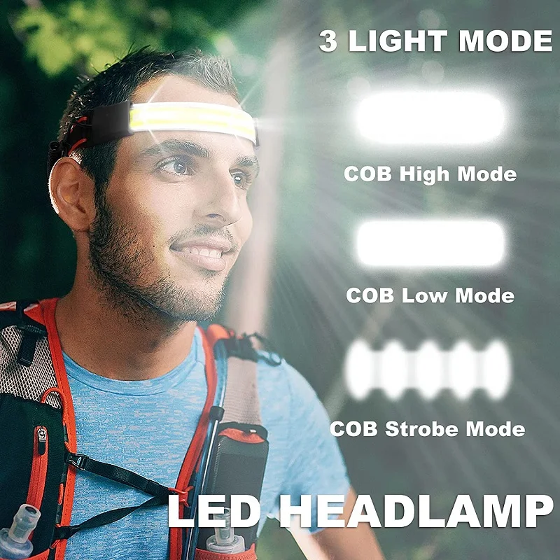 COB LED كشافات 210 درجة واسعة النطاق الكاشف المصابيح الأمامية USB قابلة للشحن 3 طرق مقاوم للماء المصباح مع البطارية