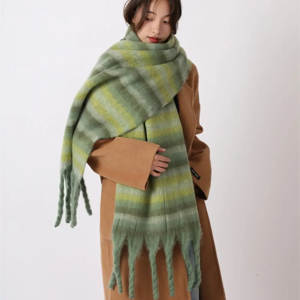 Elegant Mohair Plaid Wool Scarf Tassel Winter Cashmere Scarves Korean Style Solid Color Long Shawl Women/Men