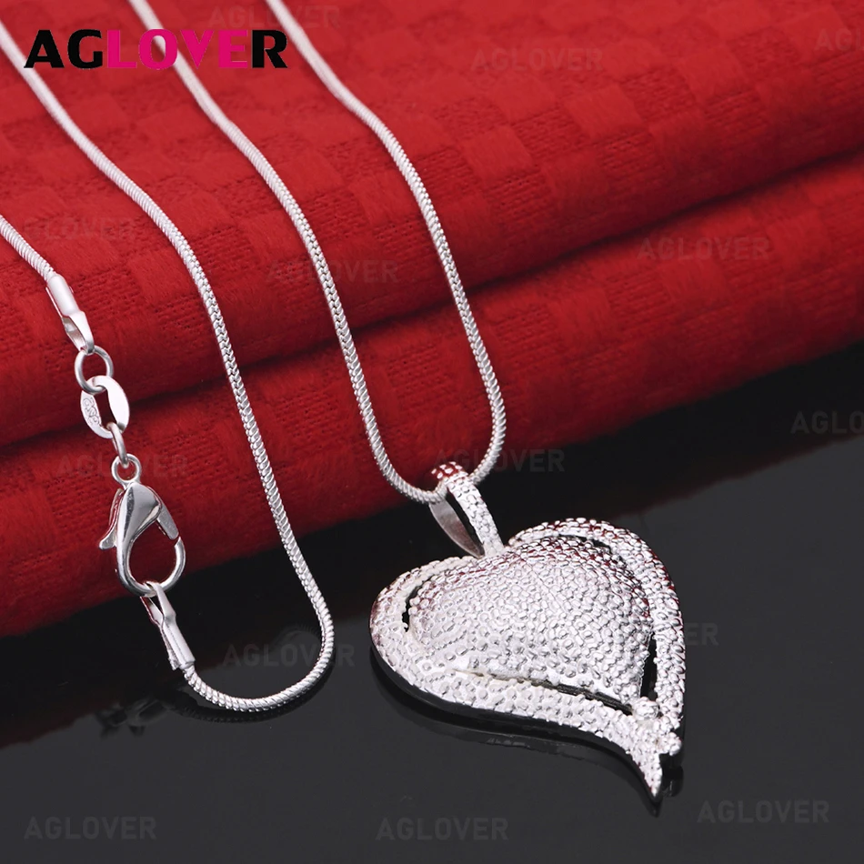 

AGLOVER 925 Sterling Silver Frosted Heart Pendant Necklace For Men And Women Retro Elegant And Noble Party Jewelry