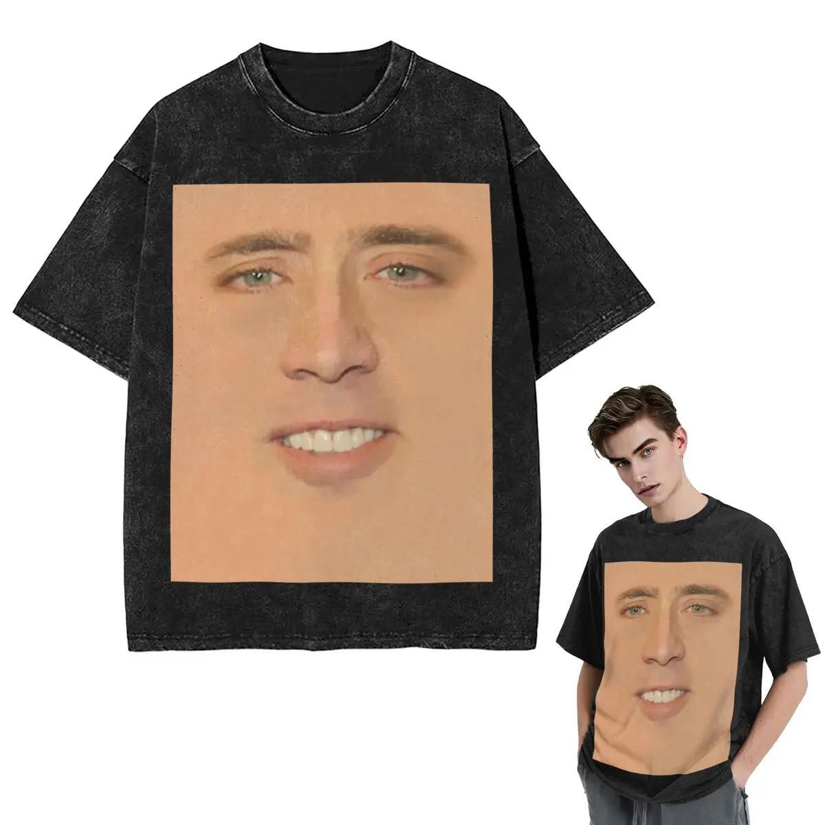 

Streetwear T-Shirts Nicolas Cage Giant Face Washed T Shirt Short Sleeve Hip Hop T-Shirt Tops Tees for Men Women