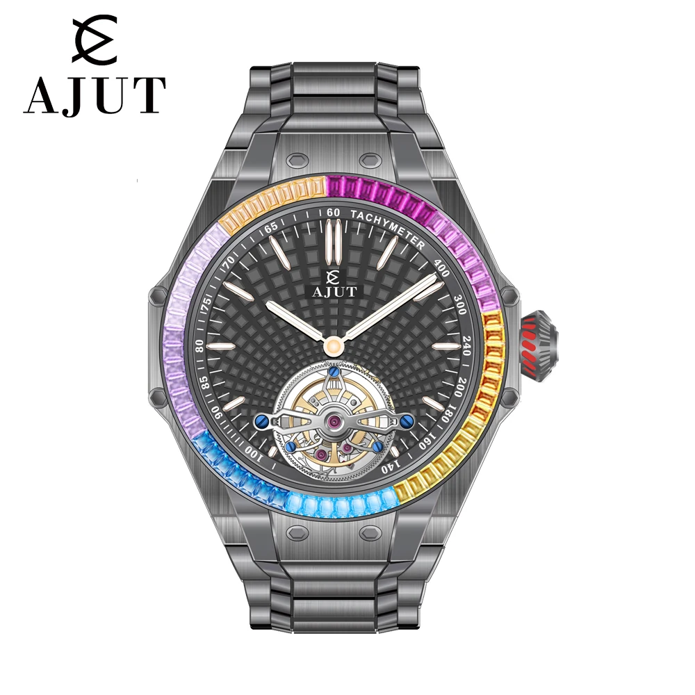 AJUT 0386 Automatic Tourbillon Mechanical Man Watches Hydraulic Surface Square Diamond Bezel Tourbillon Movement Men's Watches