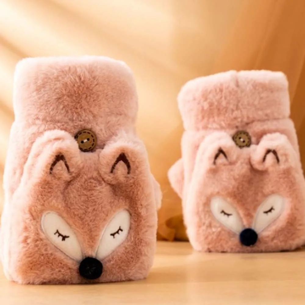 귀여운 가짜 토끼 머리 동물 플러시 장갑 부드러운 귀 플립 장갑 모피 두꺼운 반 손가락 장갑 여성