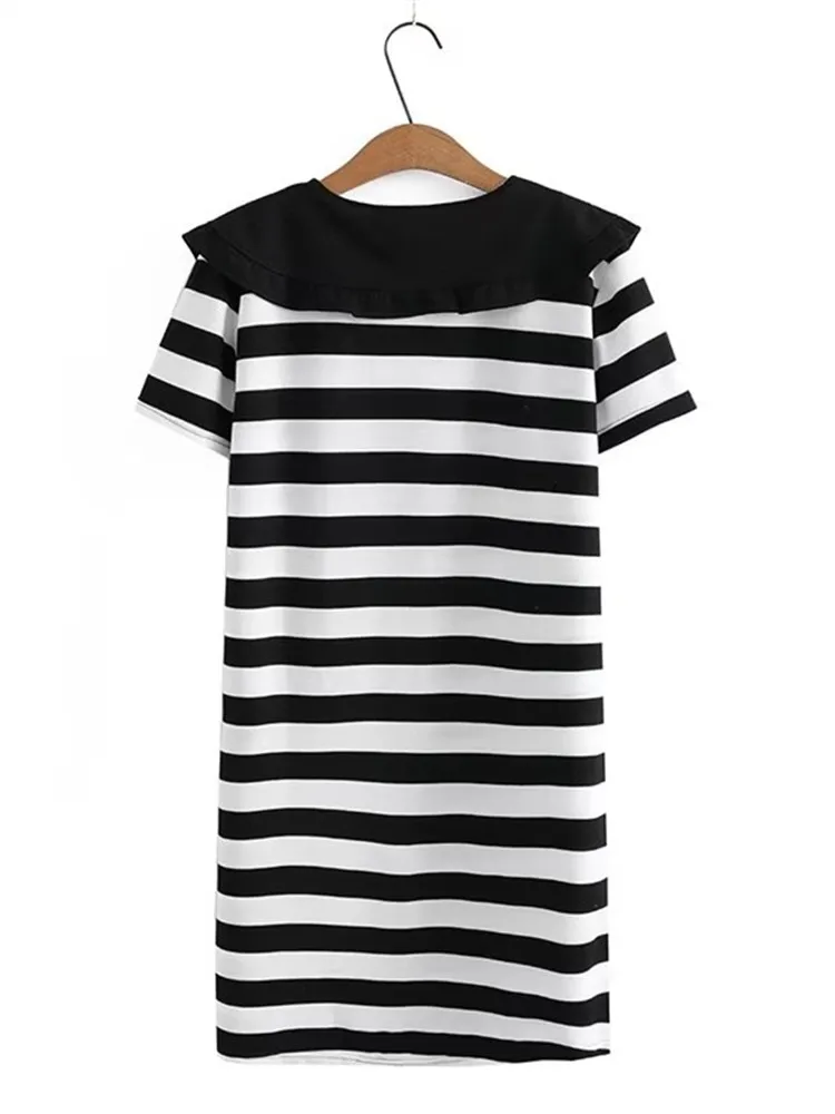 Plus Size Women's Dress Doll Collar Large Collar Cute Striped Straight Skirt Loose Oversized Stretch-Free Cotton T-Shirt Skirt