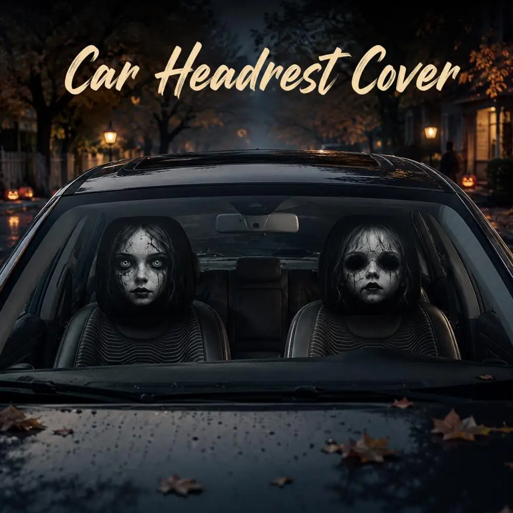 2Pcs Halloween Cracked Doll Ghost Car Headrest Covers 2 Different Designs 2D Printed Elastic Headrest Protector Interior Decor