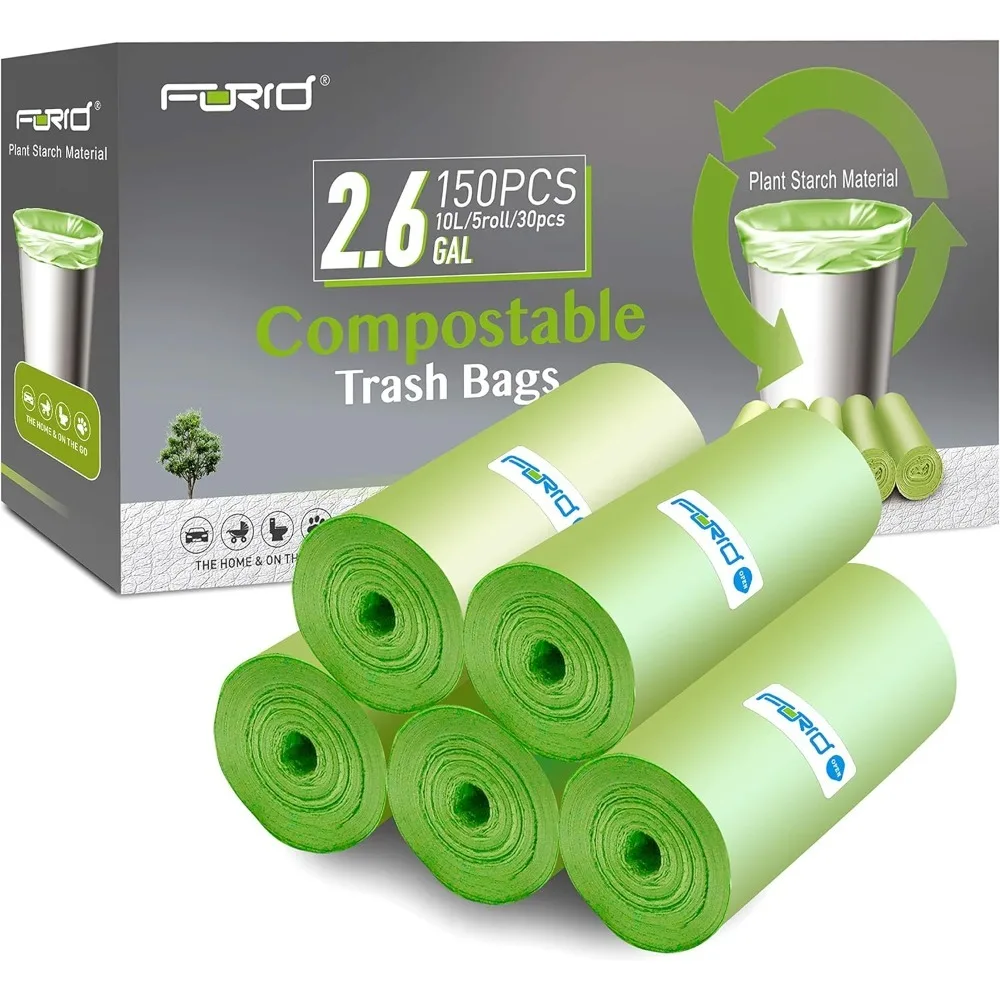 

2.6 Gallon Compostable Garbage Bags, 150 Count, 5 Rolls – Green, Small, Durable, Thick, Unscented Trash Bags, 10 Liter - For Kit