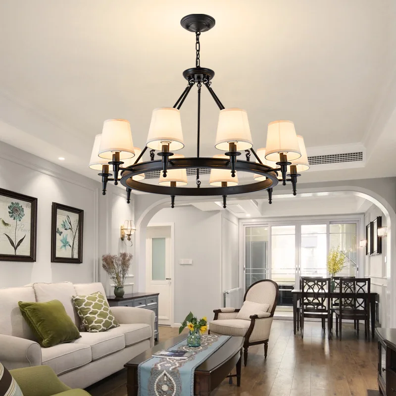 All Copper Retro Chandelier Modern Living Room Dining Table Hallway Lamps Fabric Lampshade Home Decoration Luxury LED Chandelier