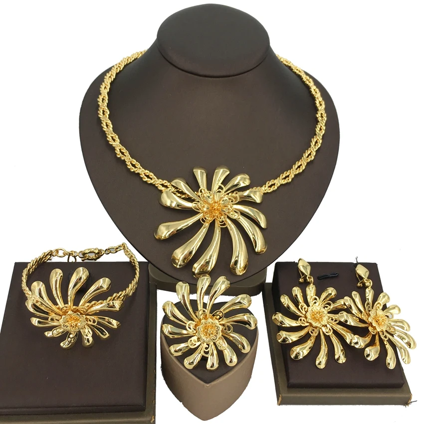 

Yuminglai Brazilian Gold Plated Big Round Sun flower Jewelry Set for Women MAMA Gifts FHK14223