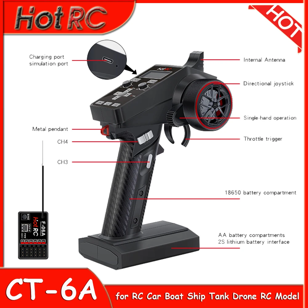 

HOTRC CT-6A RC Transmitter 6CH 2.4GHz Radio System with F-06A 6Ch PWM Receiver for RC Car Boat Ship Tank Drone RC Model Parts