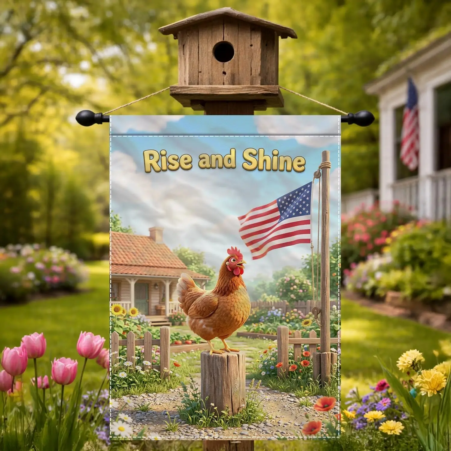 Patriotic Rooster Chicken Garden Flag 12 x 18 Inch for Yard Porch Decor | Double sided polyester, rooster outdoor decor, for llp