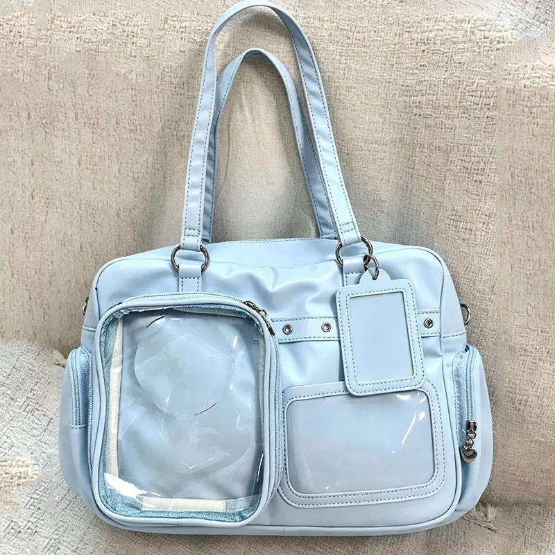 Y2K Clear Window Ita Tote Bag, Punk PU Leather Shoulder Bag, Multi Pockets Display Bag for Collectible Pins
