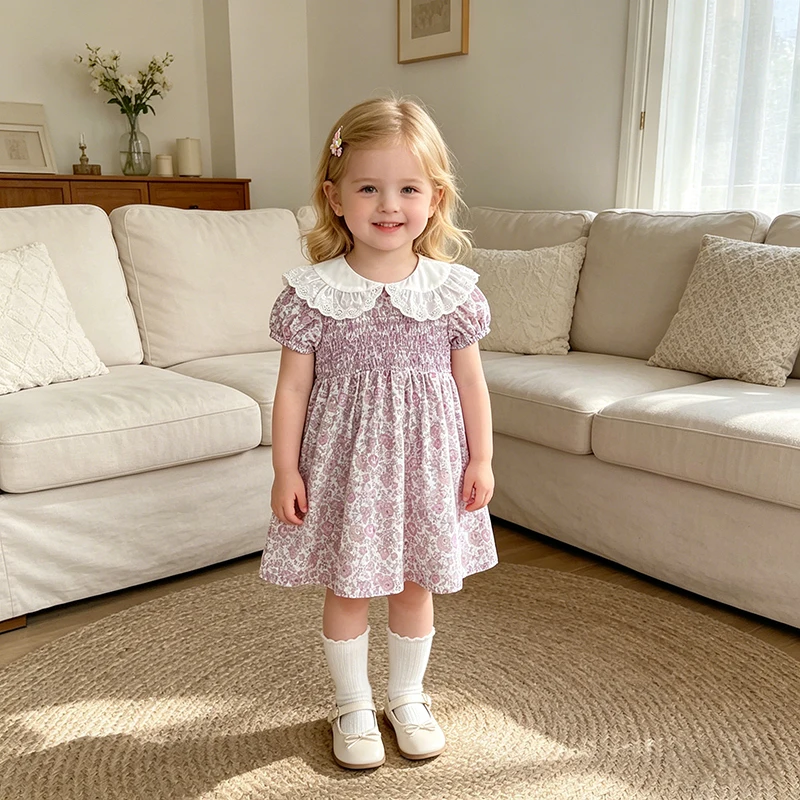 2026 Summer New 2-6Yrs Baby Dress Girl Purple Princess Puff Sleeve Korean Style Peter Pan Collar Kid Cotton Cute Party Dress