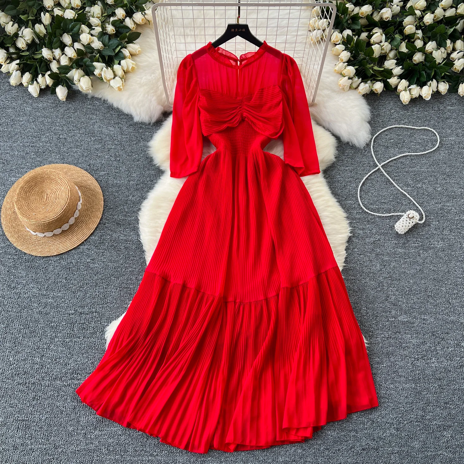 Vintage Elegant Chiffon Short Sleeve Ruffle pleated Dress A-line Fashion Spring summer Beach Vestidos Women Dresses