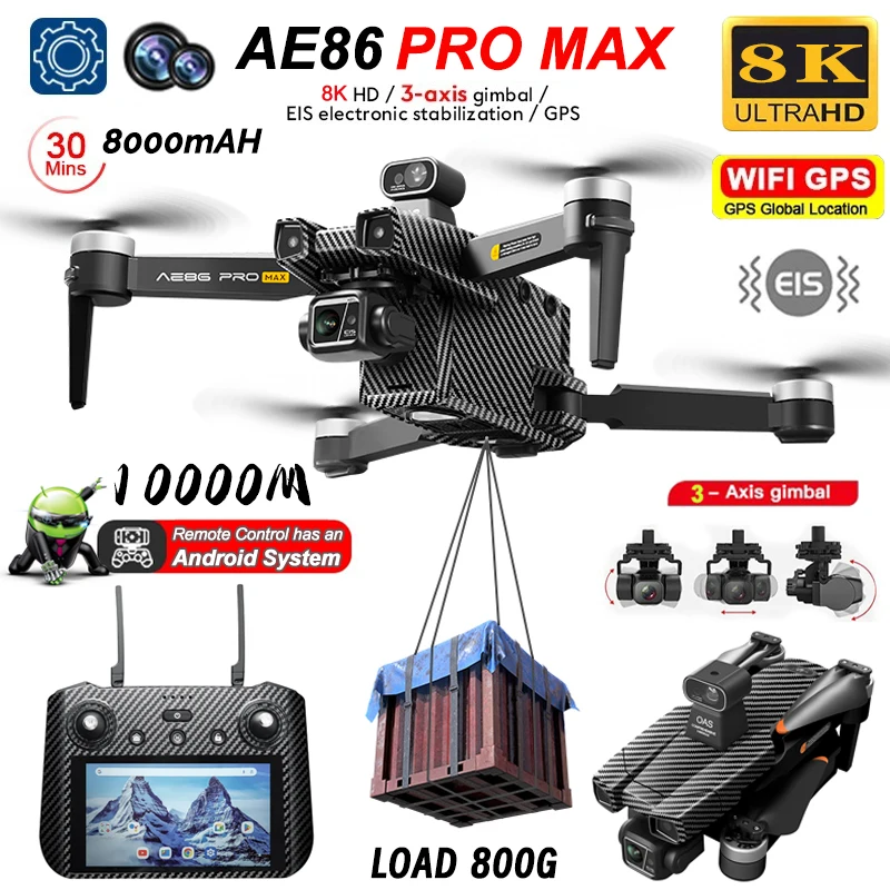 AE86 PRO Profesional Drone 10km con fotocamera Gimbal a 3 assi Mini Drone 8K fotografia aerea GPS evitamento ostacoli RC Quadcopter