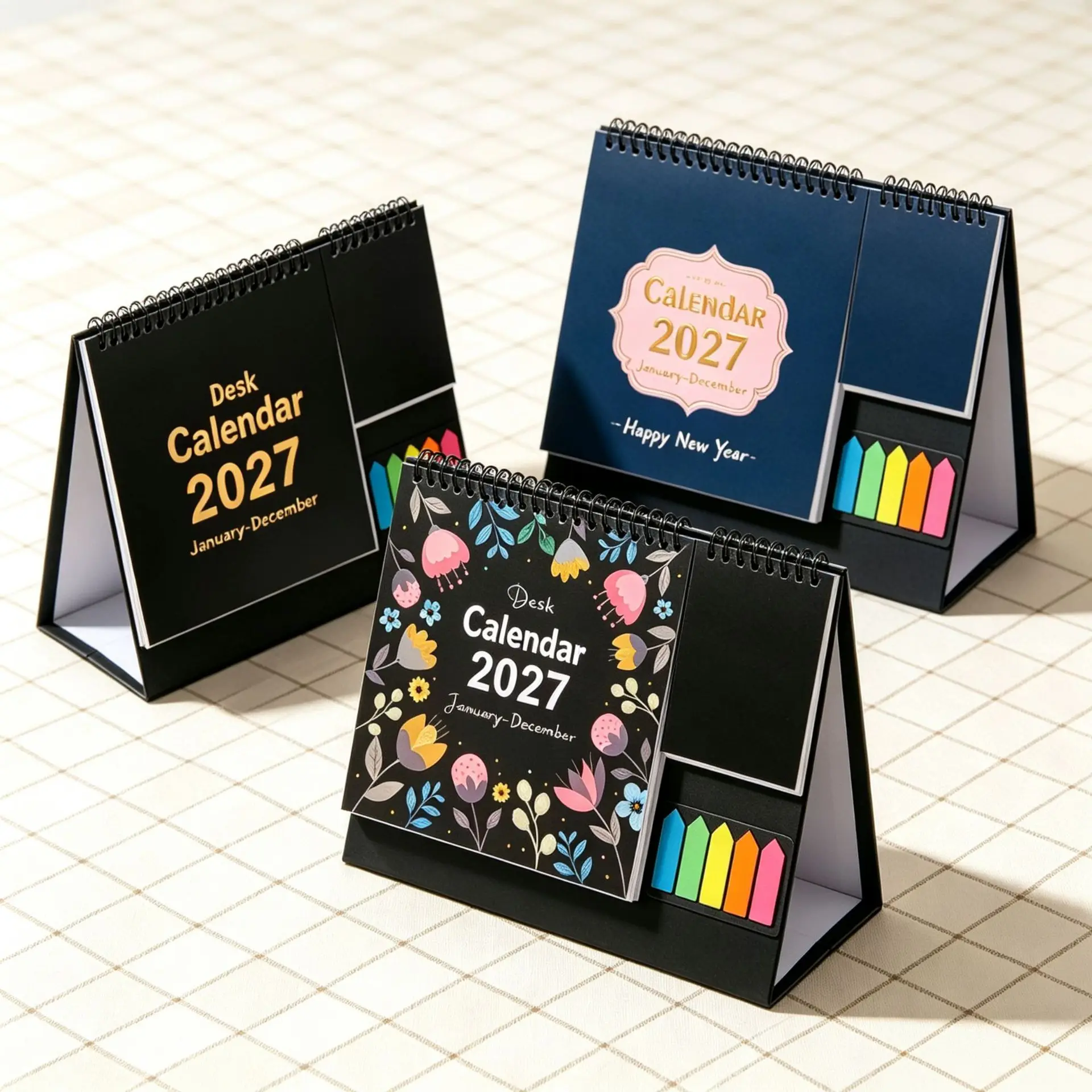 2027 English Desk Calendar with Sticky Notes and PET Index Tabs, Standing Planner for Daily Schedule and Habit Tracking, 27 x