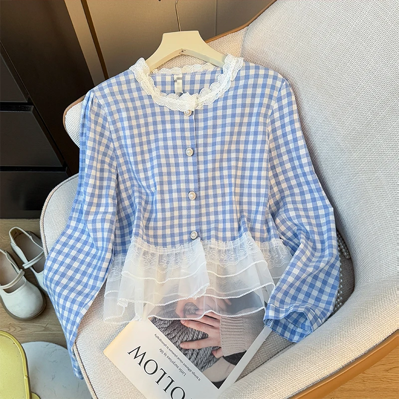

Matakawa Lace Ruffles Women Shirts&blouses Plaid Spring Autumn Sweet Blusas Mujer Korean Fashion Chic Elegant Camisas