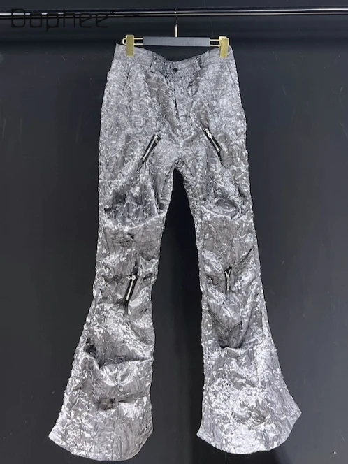 Men Flared Straight-leg Pants Street Handsome Gray Metallic Pleated High-waisted Cargo Pants Silver Metallic Pleated Pants