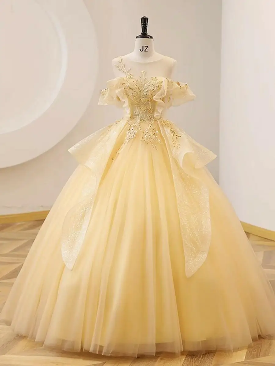 

Yellow Tulle Evening Gown for Women Chorus Solo Performance Dress Conference Hostess Annual Meeting Skirt Long Dress