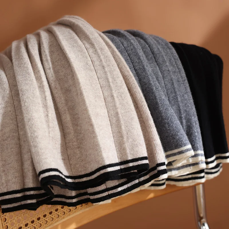 MEELEX Autunno Inverno Donna lavorata a maglia 100% lana merino Gonna a pieghe Casual Vita alta Color Block Minigonna corta a righe femminili