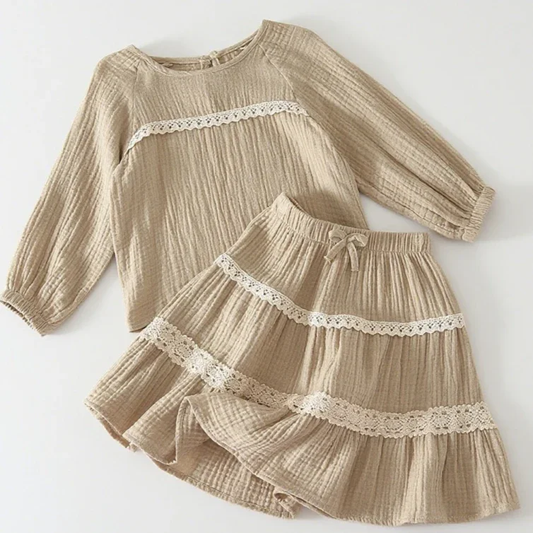 Girls Suit 2026 Spring And Autumn New Childrens Clothes Girls Baby Long Sleeve Round Neck Top Lace Stitching Skirt Two Sets