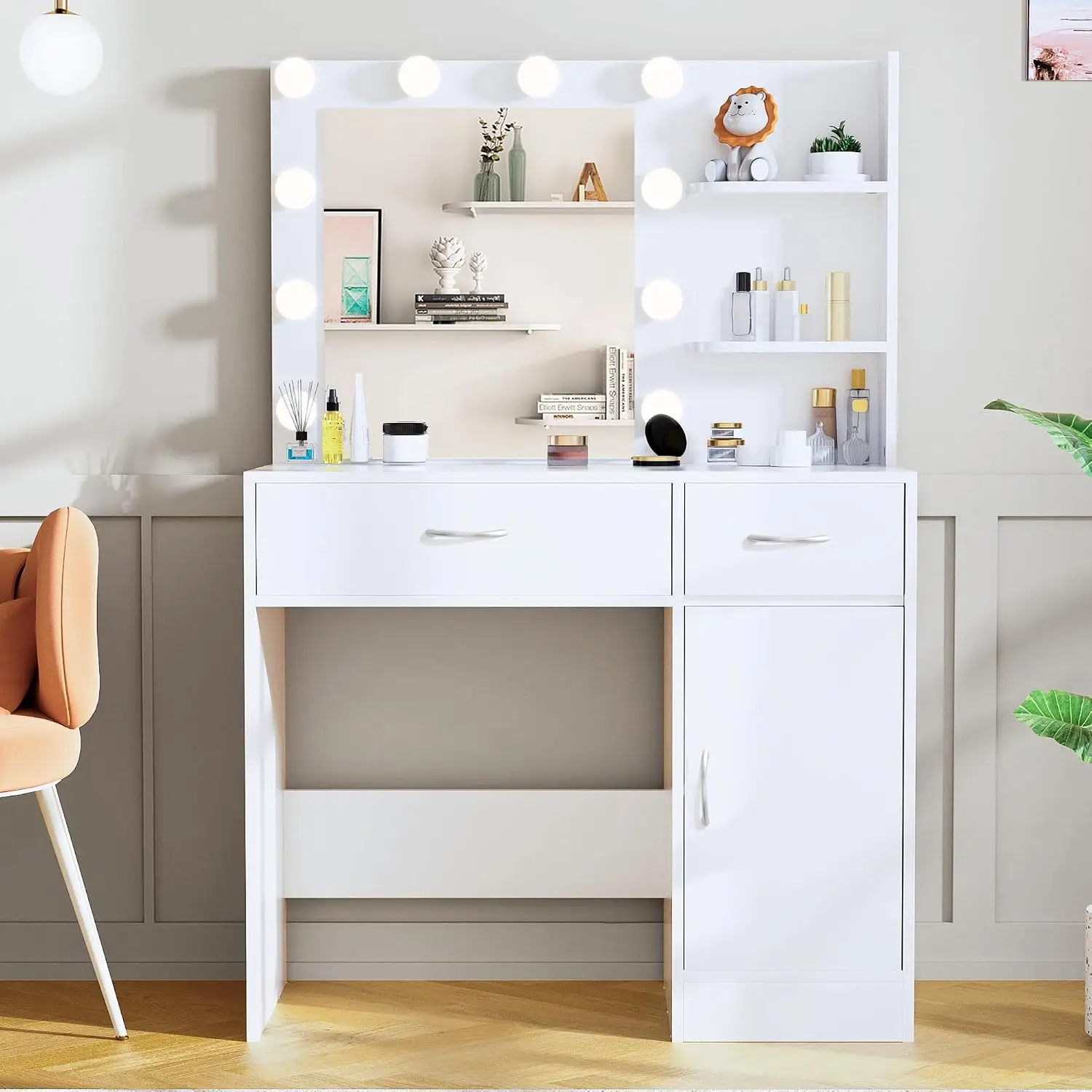 35.4 Inch White Makeup Vanity Desk 10 Hollywood Light Bulbs Dimmable Lighting Large Mirror Storage Cabinet
