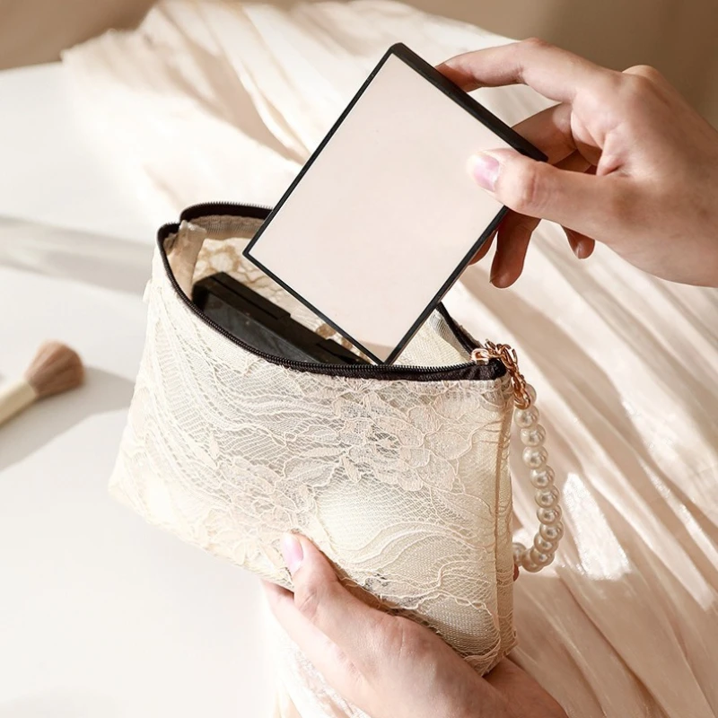 Women Lace Flower Makeup Bag with Pearl Chain Cosmetic Pouch Travel Organizer Phone Keys Coin Purse