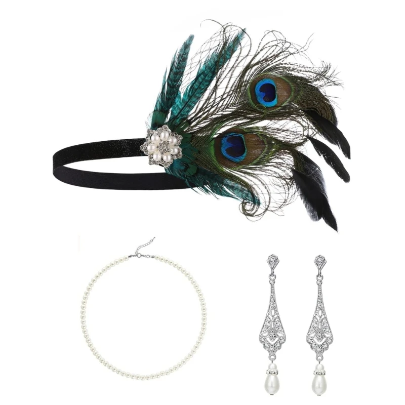 1920s Flapper Gatsby Party Costume Accessories for Women Vintage Rhinestones Headpiece Tassel Earring Makeup Party Wear