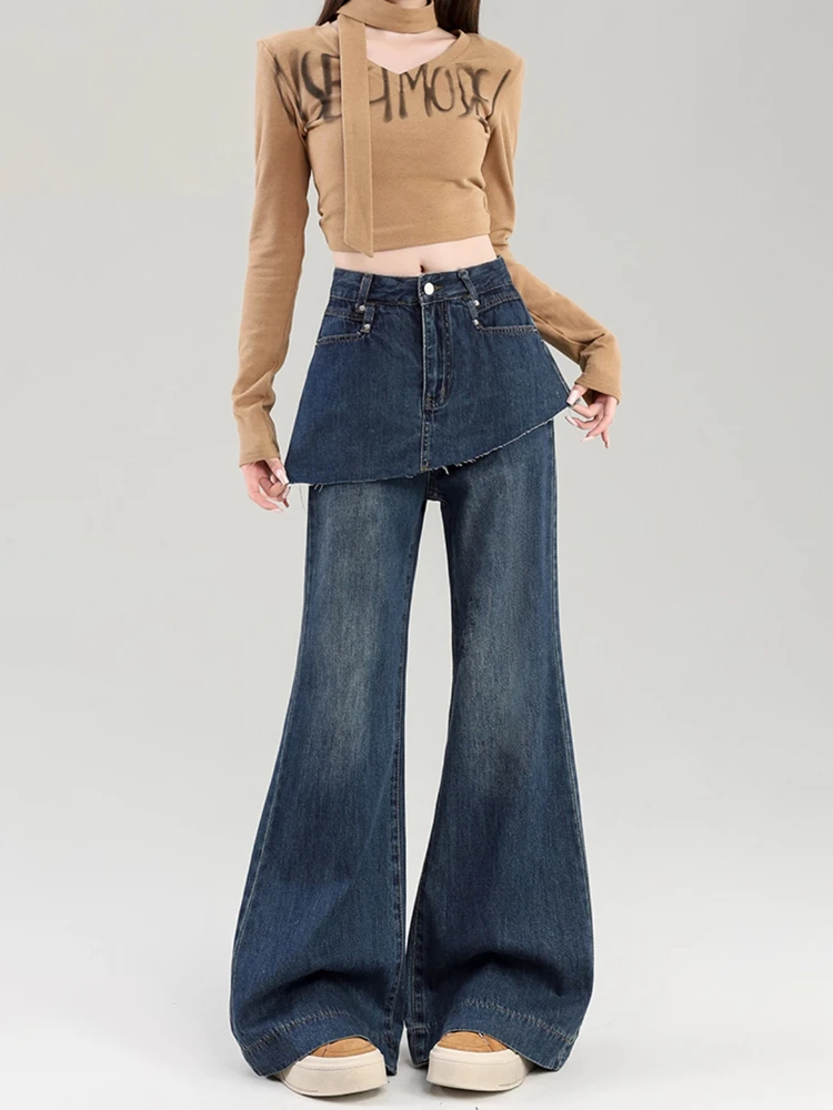 Retro Gefälschte Zwei frauen Hosen Hohe Taille Leicht Ausgestellte Frauen Jeans Herbst Waschen Lose Beiläufige Breite Bein frauen Denim hosen