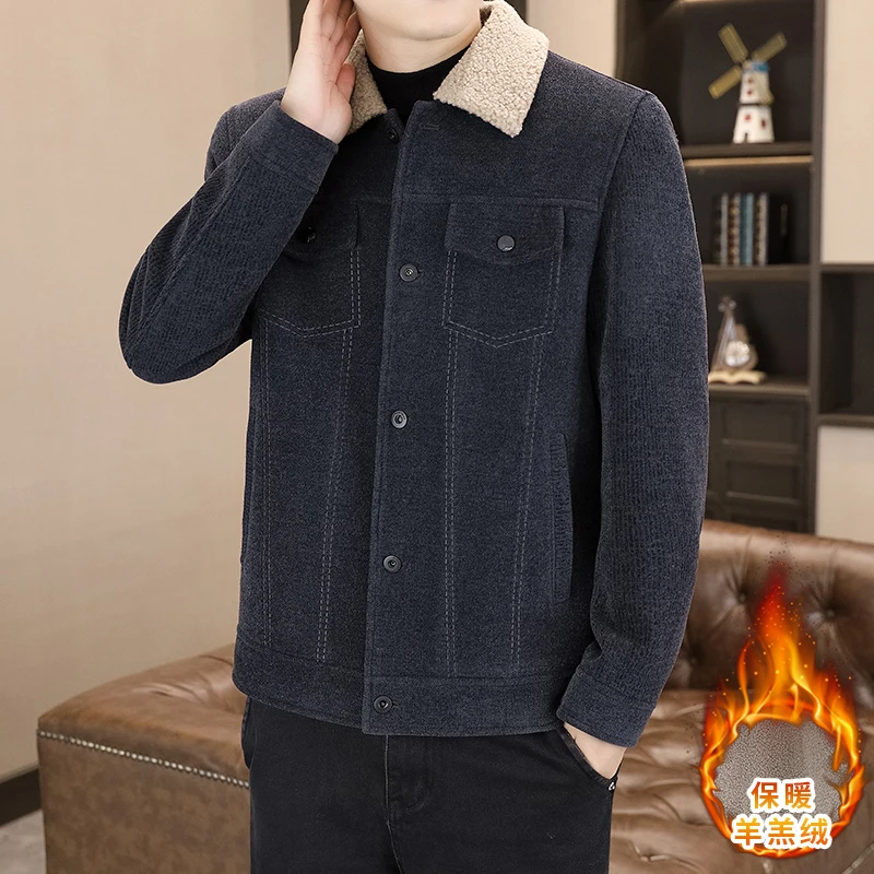 Мужская деловая стильная и классная утолщенная куртка из овечьей кожи с лацканами из синели и подкладкой из овечьей кожи для тепла