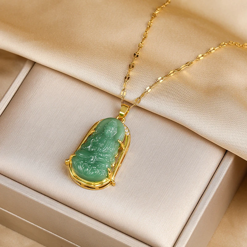 

New Elegant Green Guanyin Pendant Stainless Steel Necklace For Women Vintage Style Female Safe Guard Jewelry Girls Birthday Gift