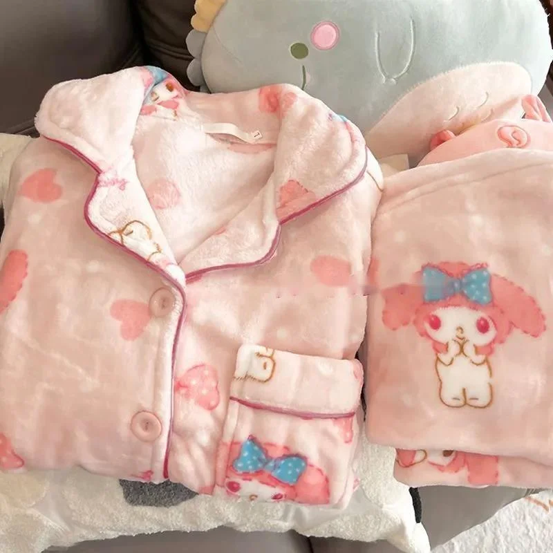 New Sanrio Hello Kitty Kawaii Pajamas Set Women Autumn Winter Plush Warm Sleepwear Cute Clothes Long Sleeve Thick Home Suit Tops