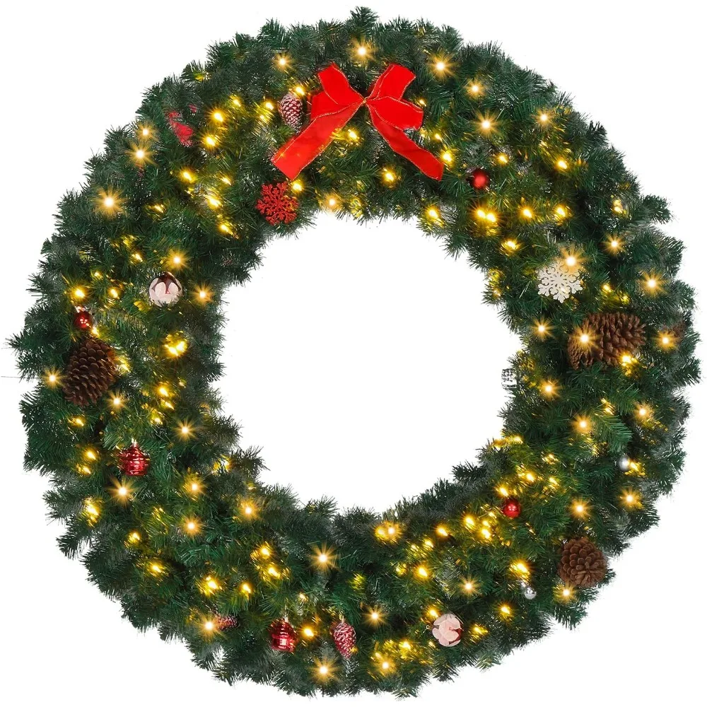 

48 Inch Pre Illuminated Artificial Christmas Wreath Decoration with 150 LED Lights and 450 PVC Pillars, Christmas Door Wreath