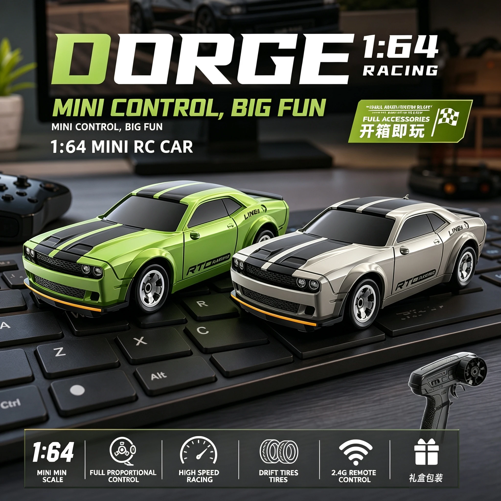 1/64 Mini RC Drift Car, 4WD Full Proportional High-Speed Racer, 2.4G RTR Desktop Toy Gift for Kids