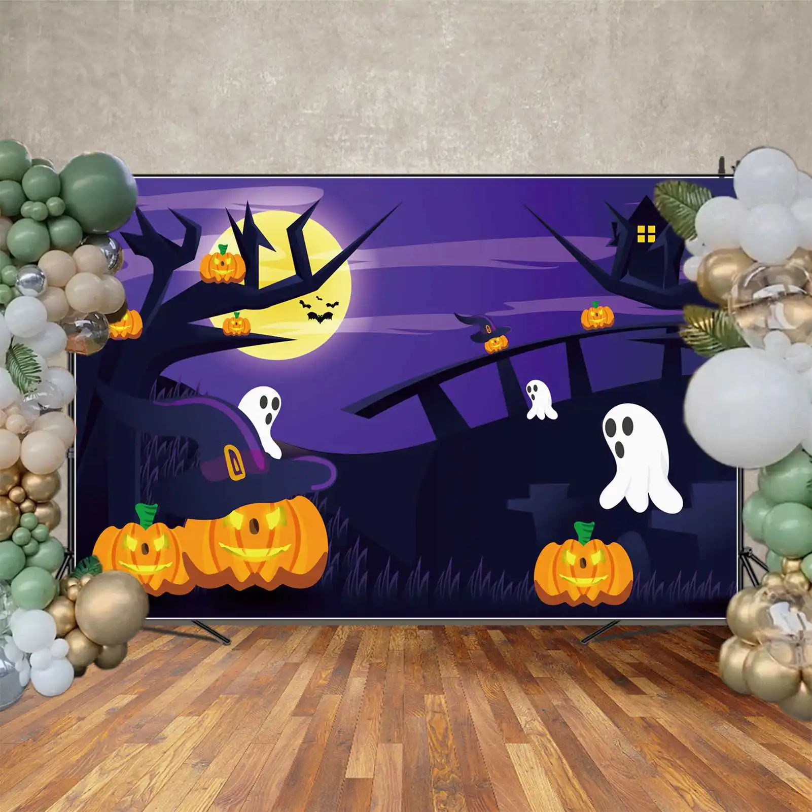 MOON.QG Backdrop Bluey Forest Halloween Tree House Pumpkin Lamp Photo Booth Background Party Props Ghost Tombstone Bridge Decor