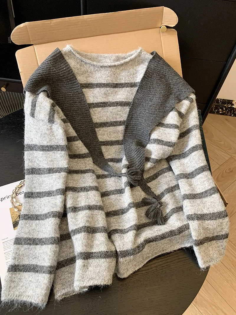 سترة محبوكة للنساء، نمط فضفاض/كسول، سترة بألوان متباينة، طقم شال مكون من قطعتين، متوسط الطول