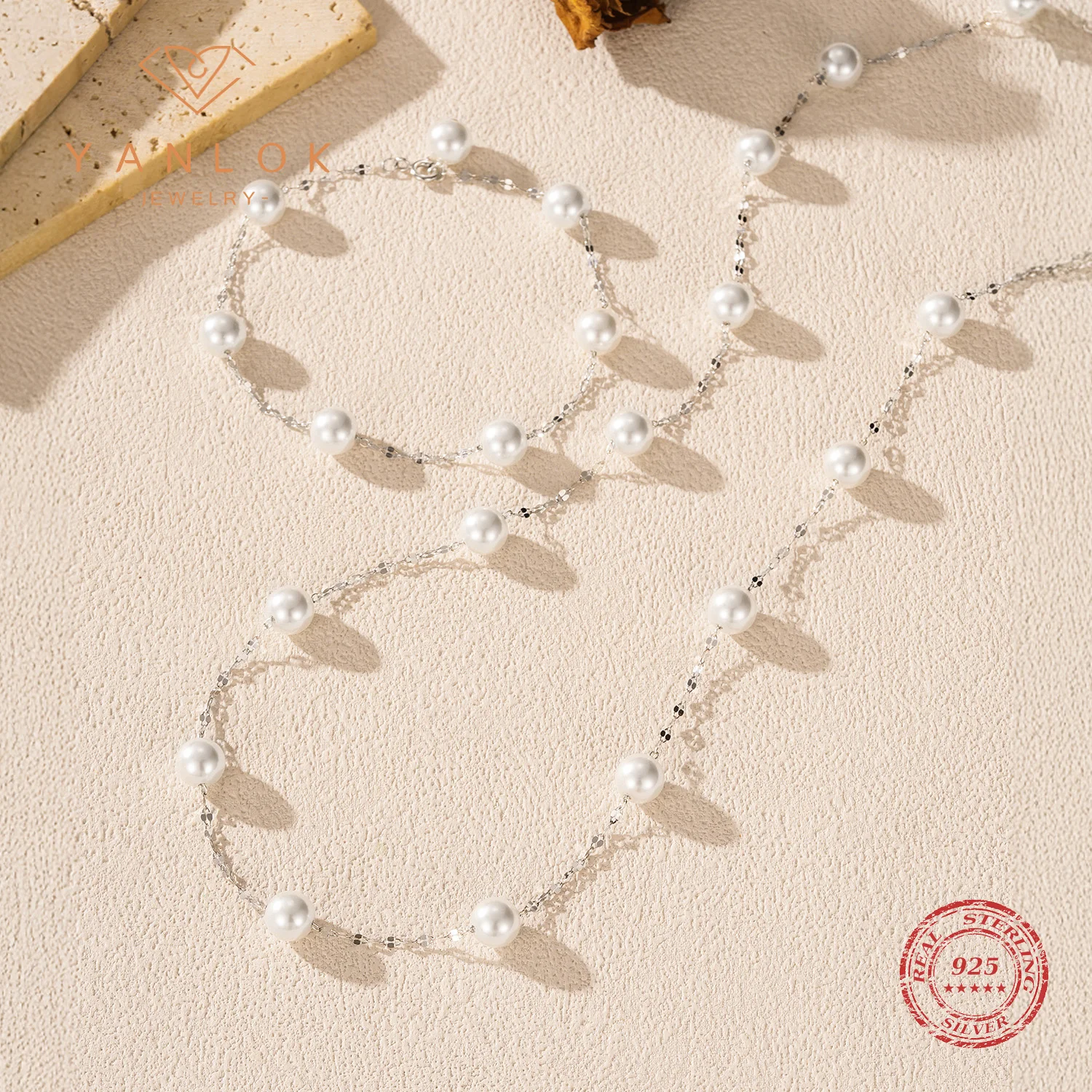 

YANLOK Elegant Crystal Pearl Fine Jewelry Sets 925 Sterling Silver Fashion Geometric Charm Bracelet Necklace For Women