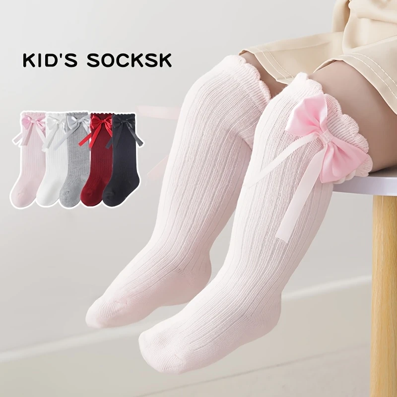 Children's Socks, Mid-calf, Baby Knee-high with Bow, for First Birthday, Girls' Princess Pink Socks, Loose Top for Comfort
