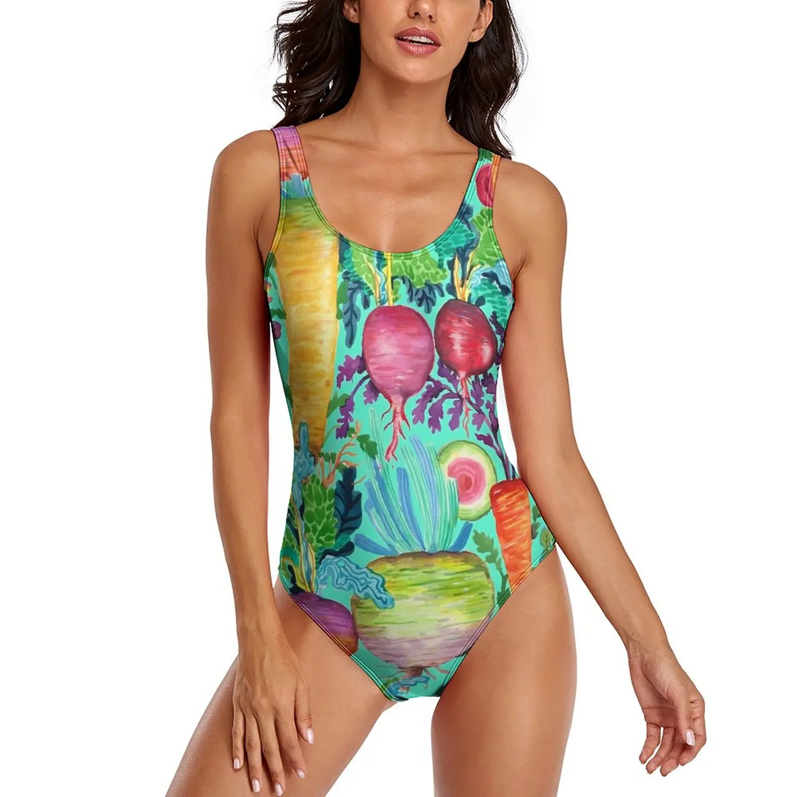 

Colorful Radishes Swimsuit Sexy Carrots Print One-Piece Swimwear Push Up Bodysuit Stylish Holiday Rave Beach Outfits